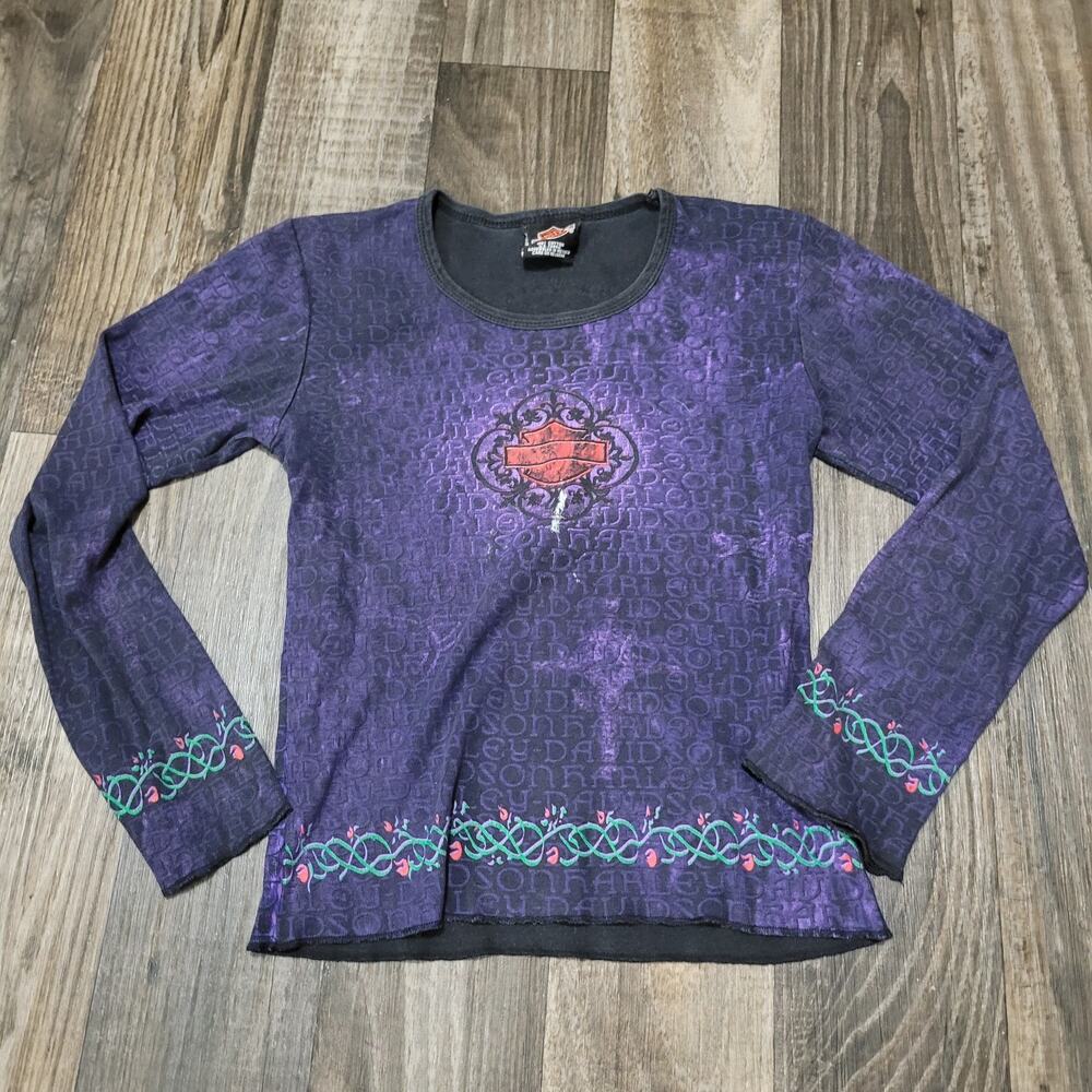 Vintage Harley Davidson Shirt Size Small Purple Long Sleeve Biker Roses And Vine